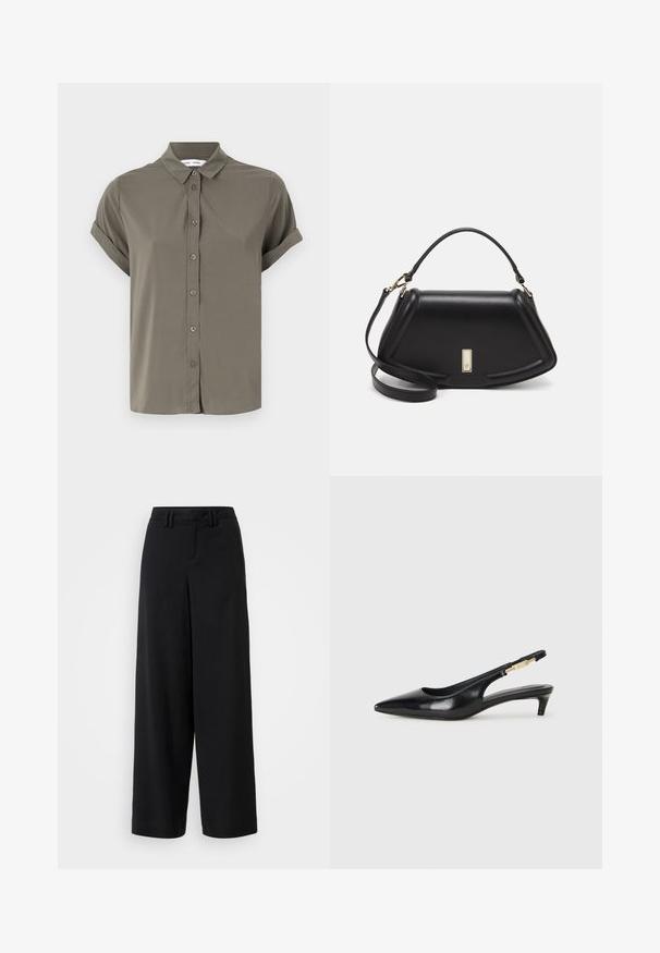 Camisa de manga corta verde oliva, hecha de una tela suave, con un cierre de botones en la parte delantera, cuello con solapa y puños enrollados.; Pantalones de pierna ancha negros, hechos de una tela suave, con un diseño de frente plano, detalles plisados y trabillas en la cinturilla.; Tacones negros de piel sintética tipo slingback con punta afilada, que cuentan con un tacón delgado y un detalle en tono dorado en la correa ajustable. Textura suave.; Bolso de mano de cuero negro con un diseño estructurado, que presenta una forma recortada, asa superior y acentos en dorado. Correa de hombro ajustable incluida.