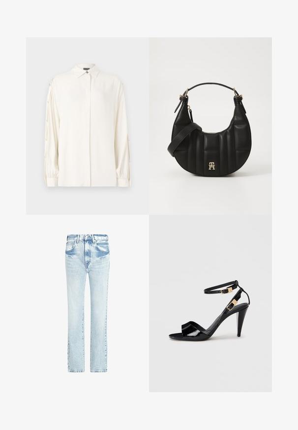 Weiße Bluse mit langen Ärmeln, Kragen, Knopfleiste und gerafften Manschetten. Verfügt über dekorative Knöpfe entlang der Ärmel. Glatte Textur.; Helle blaue Jeans aus Denim mit geradem Bein, fünf Taschen und einem abgenutzten Textur. Merkmale sind sichtbare Nähte und ein klassischer Knopfverschluss.; Schwarze, lackierte High-Heeled-Sandalen mit doppelten Knöchelriemen und goldenen Schnallen, Zehen offen und schlankem, spitz zulaufendem Absatz auf neutralem Hintergrund.; Schwarze Lederhandtasche mit geschwungener Form, gequilteter Textur und goldenen Beschlägen. Sie verfügt über einen abnehmbaren Schultergurt und ein Logodetail.