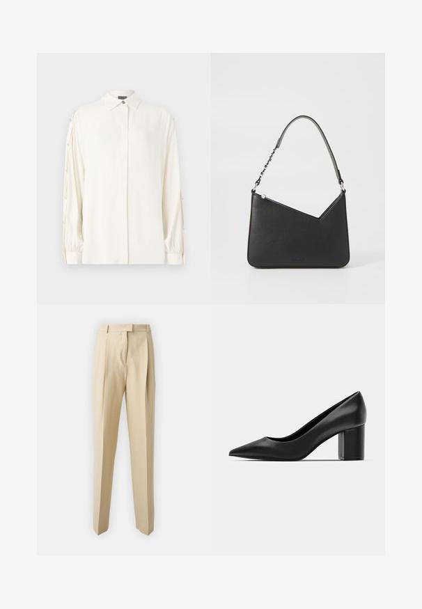 Bluză albă cu mâneci lungi, cu guler, cu închidere cu nasturi și manșete bufante. Oferă nasturi decorativi de-a lungul mânecilor. Textură netedă.; Pantaloni bej, croiți pe corp, cu tăietură dreaptă, având pliuri, un brâu și o textură netedă. Fără buzunare vizibile sau embellishments.; Cizmă din piele neagră, cu vârf ascuțit și toc pătrat masiv. Textură netedă, design simplu, potrivit pentru setări formale.; Geantă din piele neagră cu formă triunghiulară, curea subțire și accesorii din metal argintiu. Dispune de închidere cu fermoar și logo embosat pe față.