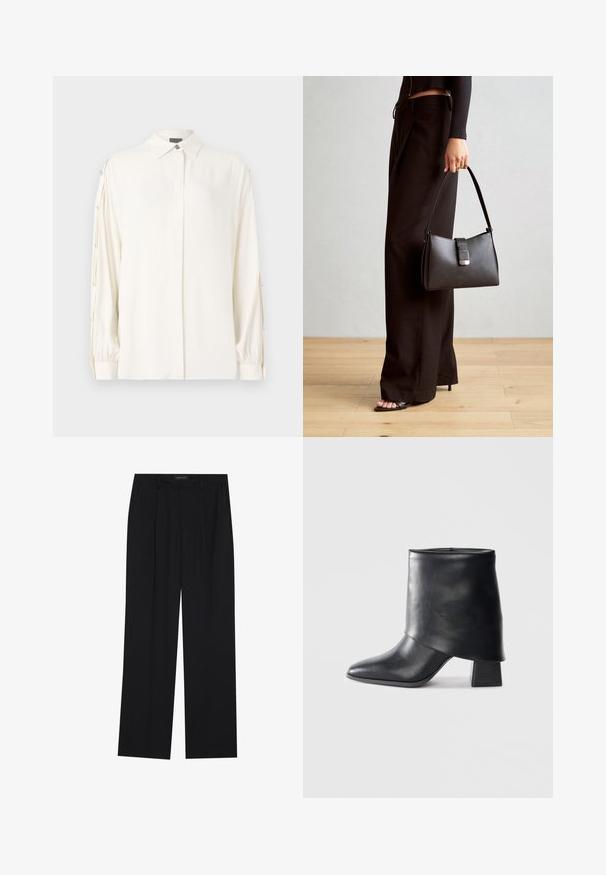 Fehér, hosszú ujjú blúz, galléros nyakkal, gombos elülső résszel és ráncolt mandzsettával. Díszített gombok találhatók az ujjakon. Sima textúra.; Fekete nadrág egyenes szárú kialakítással, két első zsebbel és derékrésszel. Simának és könnyű anyagból készült.; Fekete bőr bokacsizma, hegyes orral, sima felülettel és strukturált blokk sarokkal. Magas, hajtott szegéllyel rendelkezik.; Fekete kézi táska strukturált formával, sima textúrával és fémből készült záródással. Széles fekete nadrággal és nyitott orrú szandállal párosítva, fából készült padlón.