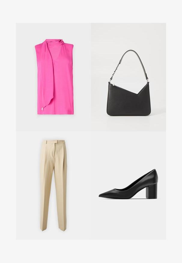 Top brez rokavov v svetlo rožnati barvi, z mehkim drapiranim ovratnikom in subtilno mašnjo na robu. Narejen iz gladkega, lahkega materiala.; Bež hlače s krojem ravne nogavice, ki imajo zadrgo, pas ter gladko teksturo. Brez vidnih žepov ali okrasnih elementov.; Črne usnjene pete z ostrim nosom in masivnim kvadrataškim peto. Gladka textura, preprost dizajn, primeren za formalne priložnosti.; Črna usnjena torbica s trikotno obliko, ozkim trakom in srebrnimi dodatki. Ima zadrgo in vtisnjen logotip spredaj.