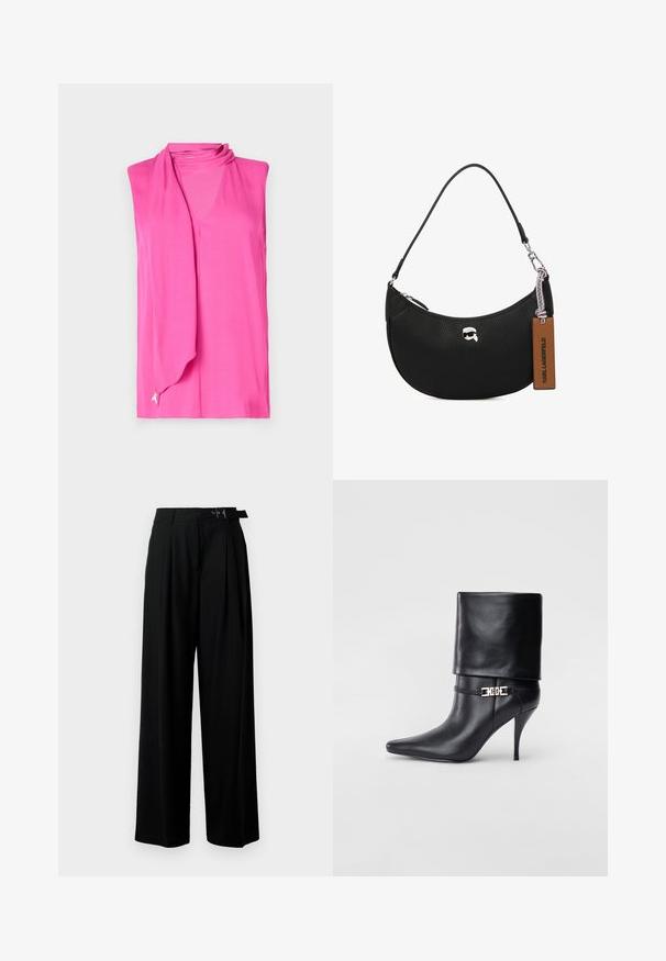 Top senza maniche di un vivace rosa brillante, con una morbida scollatura drappeggiata e un sottile dettaglio in nastro all'orlo. Realizzato in tessuto liscio e leggero.; Pantaloni neri a gamba larga con vita alta, pieghe nella parte anteriore e una cintura con fibbia. Realizzati in tessuto liscio e leggero.; Stivale ankle in pelle nera con punta affusolata, alto tacco a stiletto, risvolto sulla caviglia e un elegante dettaglio in oro con fibbia decorativa.; Borsa a tracolla nera in pelle con texture martellata, forma curva, chiusura superiore con zip, hardware color argento e un'etichetta marrone. Presenta un accento con logo.