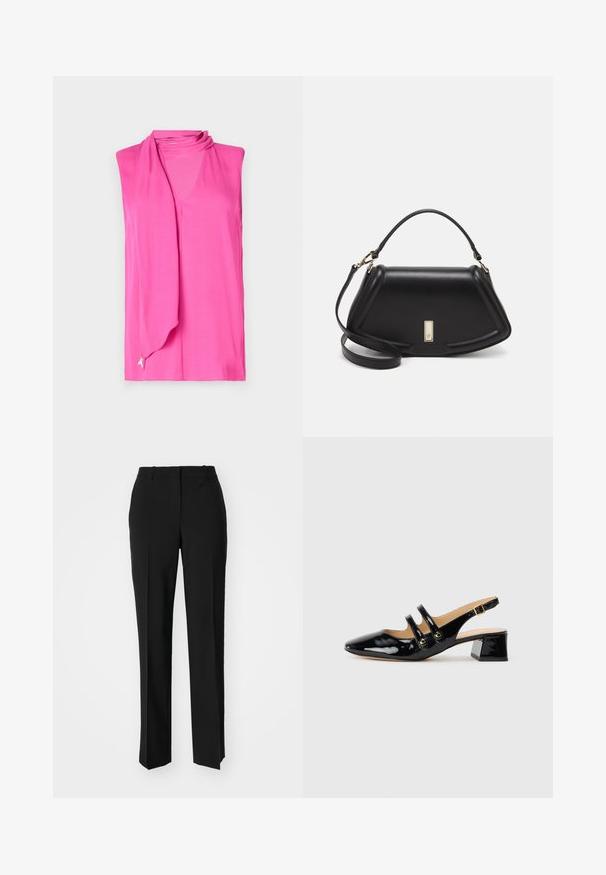 Sleeveless top in bright pink, featuring a soft draped neckline and a subtle ribbon detail at the hem. Made of smooth, lightweight fabric.; Black tailored trousers with a straight-leg design, featuring a smooth texture and crisp creases along the front. No visible hardware.; Black patent leather slingback shoe with pointed toe, two strap detail, gold circular accents, and a low block heel.; Black leather handbag with a structured design, featuring a cropped shape, top handle, and gold hardware accent. Adjustable shoulder strap included.