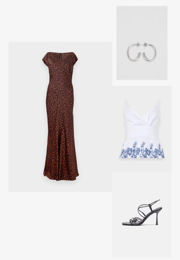 Bela bombažna majica z v-izrezom, nastavljivimi naramnicami in razširjenim robom, okrašena z modrim cvetličnim vezenjem ob dnu.; Obleka z dvobarvnim leopardjim vzorcem, izdelana iz gladkega materiala, z oprijetim krojem, čolnastim izrezom in razširjenim robom. Barve vključujejo rjavo in črno.; Črne visoke sandale na peto imajo tanke naramnice z vozlom, gladek kvadratni toe in eleganten stiletto peto.; Svetlo siva kovinska torbica z verižnim ročajem, okrašena z majhnimi okroglimi kovinskimi bleščicami in trikotnim logotipom blagovne znamke.; Srebrne obročaste uhane z gladko, sijočo površino. Zaobljena oblika, lahka zasnova, z zapiranjem na zatič.