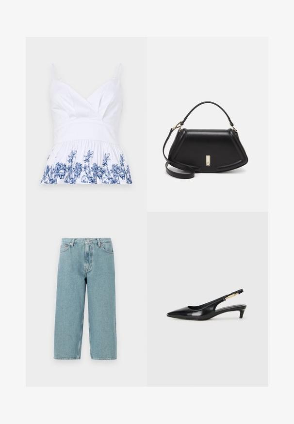 Valge puuvillane topp, millel on V-kaelus, reguleeritavad rihmad ja laienev hem, mille alumises osas on sinine lilleline tikand.; Heledad sinine denim lühikesed püksid kõrge talje, sirge lõike ja toore äärega. Omad klassikalise nööbi ja lukuga kinnituse, neli taskut.; Mustad nahast slingback kontsad terava ninaga, millel on õhuke konts ja kuldse tooni aktsent reguleeritaval rihmal. Sile tekstuur.; Must mustrist käekott, millel on struktureeritud disain, lühendatud kuju, ülemine käepide ja kuldne metallist detail. Reguleeritav õlalihm on kaasas.