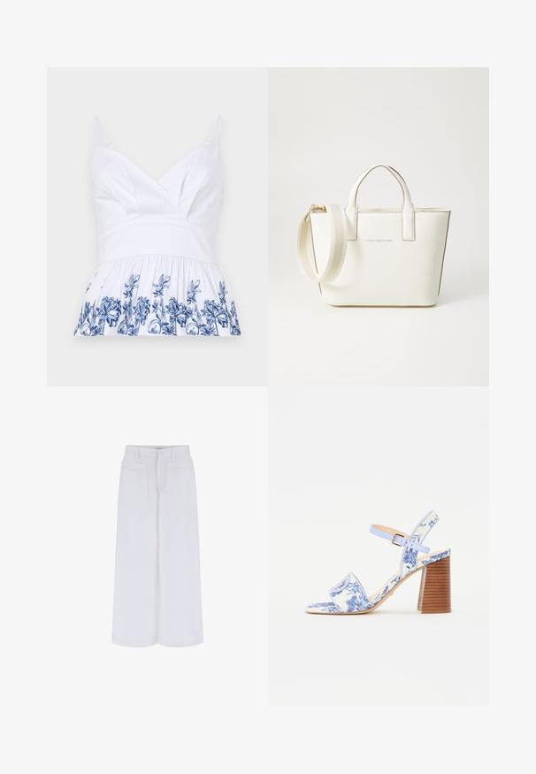 Top de algodón blanco con escote en V, tirantes ajustables y un dobladillo acampanado adornado con bordados florales azules en la parte inferior.; Pantalones de pierna ancha blancos con una textura suave, que cuentan con dos bolsillos frontales y un cierre de botón, diseñados para un ajuste relajado.; Sandal de estampado floral azul con punta cuadrada, una tira ancha y una tira ajustable en el tobillo, que cuenta con un tacón de bloque de madera texturizado.; Bolso de mano de cuero sintético blanco con asas cortas, correa de hombro ajustable y herrajes en tono dorado; presenta un sutil logo en la parte frontal.