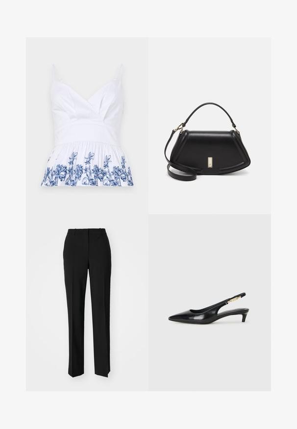 Weißes Baumwolloberteil mit V-Ausschnitt, verstellbaren Trägern und einem ausgestellten Saum, der am unteren Rand mit blauer Blumenstickerei verziert ist.; Schwarze, taillierte Hose mit geradem Bein, aus einem glatten Stoff und mit klaren Falten an der Vorderseite. Keine sichtbare Hardware.; Schwarze Leder-Slingback-Pumps mit spitzem Schuhblatt, ausgestattet mit einem schlanken Absatz und einem goldfarbigen Akzent am verstellbaren Riemen. Glatte Textur.; Schwarze Lederhandtasche mit einem strukturierten Design, das eine verkürzte Form, einen oberen Griff und goldfarbene Hardware-Details aufweist. Verstellbarer Schulterriemen ist enthalten.