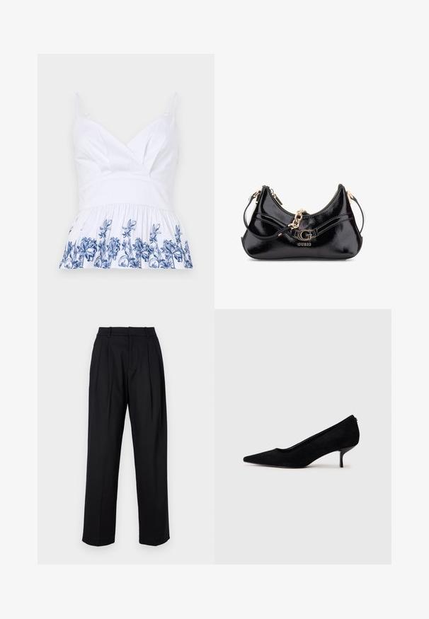 White cotton top featuring a v-neck, adjustable straps, and a flared hem adorned with blue floral embroidery along the bottom.; Black trousers with a tailored design, featuring a high waist, pleats, and straight leg cut. Made from smooth fabric with a solid color.; Black suede high heel shoe with a pointed toe and a slim, low heel. Smooth texture with a sleek design, featuring no visible hardware.; Black patent leather bag featuring a curved design, gold hardware accents, and a prominent logo. Includes a removable shoulder strap.