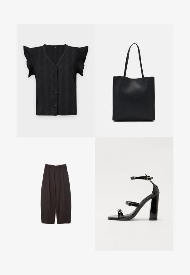 Schwarze kurzärmelige Bluse mit V-Ausschnitt, die ein strukturiertes Zickzackmuster und eine Knopfverschluss vorne aufweist. Weiches, leichtes Material.; Schwarze weit geschnittene Hosen aus einem glatten Stoff, mit hoher Taille, Frontfalten und Seitentaschen. Schlichtes Design ohne Verzierungen.; Schwarze patentierte Sandalen mit Absatz, quadratischer Spitze, Knöchelriemen und silbernen Schnallen. Mit einem stabilen Blockabsatz für mehr Stabilität.; Schwarze Laptoptasche aus Leder mit glatter Textur, rechteckiger Form und zwei langen Griffen. Keine sichtbaren Beschläge oder Verzierungen.