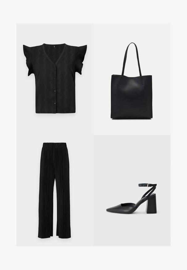 Svart kortermet bluse med V-hals, med et teksturert zigzag-mønster og knappelukking foran. Mykt, lett materiale.; Sorte plisserte bukser med elastisk midje. Har vide ben og et glatt, strukturert stoff med vertikale striper.; Svart lær pumps med spiss tå, ankelrem og kraftig hæl. Flat tekstur, strømlinjeformet design og minimalisme.; Svart lær tote bag med glatt tekstur, rektangulær form og to lange håndtak. Ingen synlige deler eller dekorasjoner.
