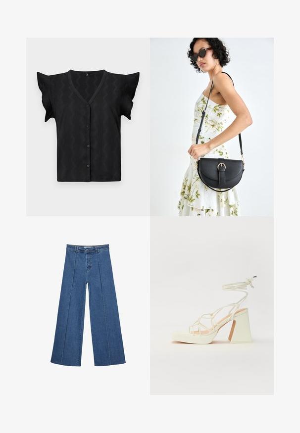 Schwarze kurzärmelige Bluse mit V-Ausschnitt, die ein strukturiertes Zickzackmuster und eine Knopfverschluss vorne aufweist. Weiches, leichtes Material.; Weite Jeans aus Denim in Mittelblau, mit hoher Taille, Knopfverschluss und kontrastierenden vertikalen Nahtdetails an der Vorderseite.; Weiße High-Heel-Sandale mit einem klobigen Absatz, die über ein Riemchendesign und ein Knöchelband verfügt. Glatte Textur mit einer Plattform vorne für zusätzliche Höhe.; Schwarze Lederhandtasche mit geschwungener Form, abnehmbarem Tragegurt und goldenen Beschlägen. Die Tasche verfügt über einen Deckel mit einer Schnallen-Details.