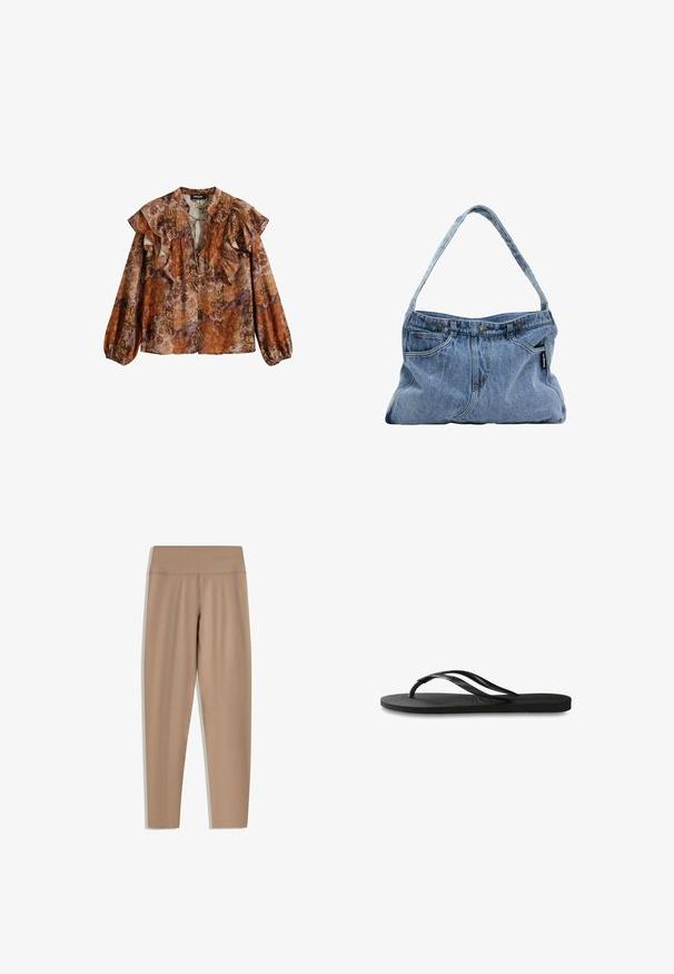 Langärmlige Bluse in warmen Tönen von Orange, Braun und Lila. Mit rüschigem Ausschnitt und Ärmeln, Blumenmuster und softem, leichtem Stoff.; Beige Leggings mit hohem Bund, aus glattem, dehnbarem Stoff gefertigt. Verfügt über eine schmale Passform und keine sichtbaren Beschläge oder Muster.; Schwarze Flip-Flops mit einer strukturierten Gummisohle, zwei schlanken Riemen und einem dezenten, geprägten Logo-Detail auf dem Riemen.; Denim Schultertasche mit einem gebogenen Tragegurt, zwei Vordertaschen und einem geknöpften Oberteil, ausgestattet mit hellblauem Stoff und kontrastierenden Steppnähten.