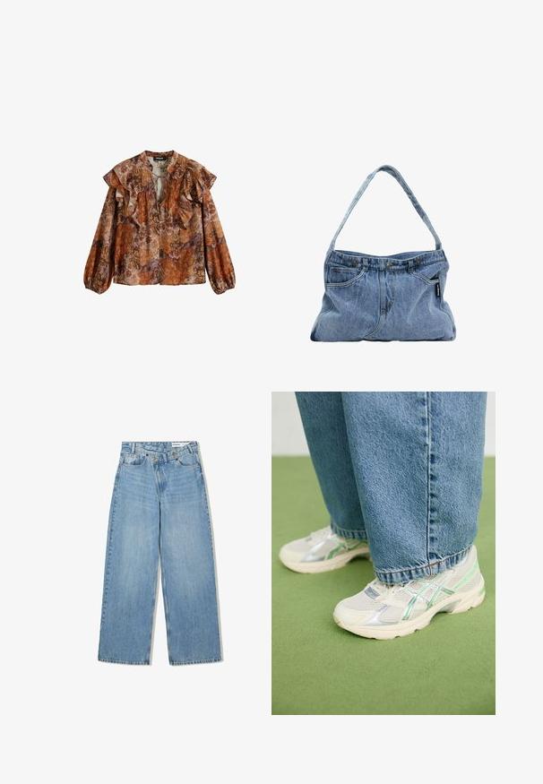Langärmlige Bluse in warmen Tönen von Orange, Braun und Lila. Mit rüschigem Ausschnitt und Ärmeln, Blumenmuster und softem, leichtem Stoff.; Hellblaue weite Jeans aus Denim, mit hoher Taille, fünf Taschen, Knopfverschluss und dezentem Verblassen für Textur.; Weiße und silberne Netzsneaker mit grünen Akzenten, kombiniert mit lockeren blauen Jeans, stehen auf einem grünen Teppichboden.; Denim Schultertasche mit einem gebogenen Tragegurt, zwei Vordertaschen und einem geknöpften Oberteil, ausgestattet mit hellblauem Stoff und kontrastierenden Steppnähten.