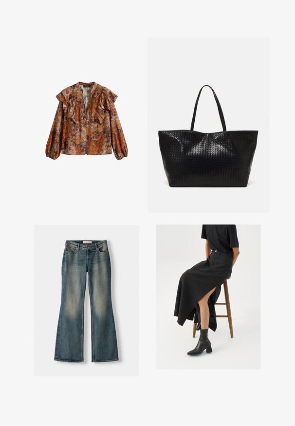 Langärmlige Bluse in warmen Tönen von Orange, Braun und Lila. Mit rüschigem Ausschnitt und Ärmeln, Blumenmuster und softem, leichtem Stoff.; Blaue Schlagjeans mit einem ausgewaschenen Look, fünf Taschen und einem Knopfverschluss. Das Material zeigt eine Denim-Textur mit dezenten Stickdetails.; Schwarzer Leinen-Maxi-Rock mit hohem Schlitz, getragen mit einem schwarzen T-Shirt und schwarzen Knöchelstiefeln. Minimalistisches Design mit lockerer Passform.; Schwarze geflochtene Tragetasche mit zwei stabilen Griffen, die eine glänzende Textur und ein geräumiges offenes Design bietet.