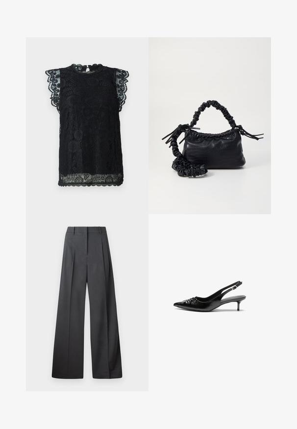 Top din dantelă neagră, cu un decolteu în formă de val și mâneci scurte, cu ruffles. Model floral complex, cu un finisaj texturat.; Pantaloni culți din țesătură gri închis, cu talie înaltă, pliuri simple și o textură netedă, cu o finisare curată la tivuri.; Cizme slingback din piele neagră, cu vârf ascuțit, toc mic de tip kitten heel și un detaliu decorativ sub formă de nod în față. Textură netedă pe întreaga suprafață.; Geantă din faux leather neagră cu textură de crocodil, cu partea superioară strânsă și o curea mototolită. Pare moale și compactă ca design.