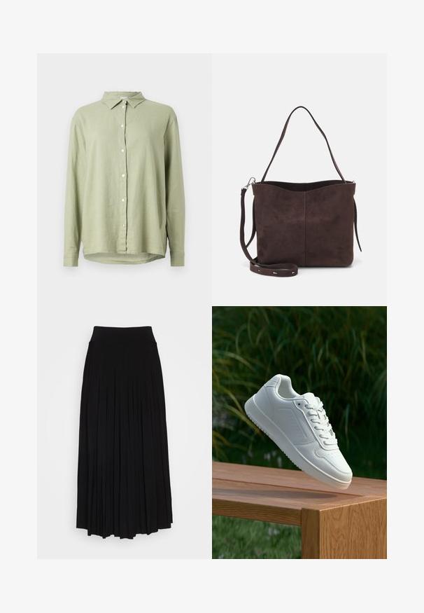 Camicia di lino verde chiaro con chiusura a bottoni, colletto a punta e maniche lunghe. Presenta una vestibilità comoda e un orlo curvato.; Gonna nera plissettata con vita alta e elastica. Realizzata in tessuto morbido, presenta plissettature verticali per una silhouette fluida.; Sneaker bianco con tomaia in sintetico liscio, punta perforata, lacci piatti e suola testurizzata, esposto su una superficie di legno.; Borsa a spalla in suede marrone con una texture morbida, caratterizzata da una singola tracolla e un'apertura superiore leggermente curvata. Nessun dettaglio hardware visibile.