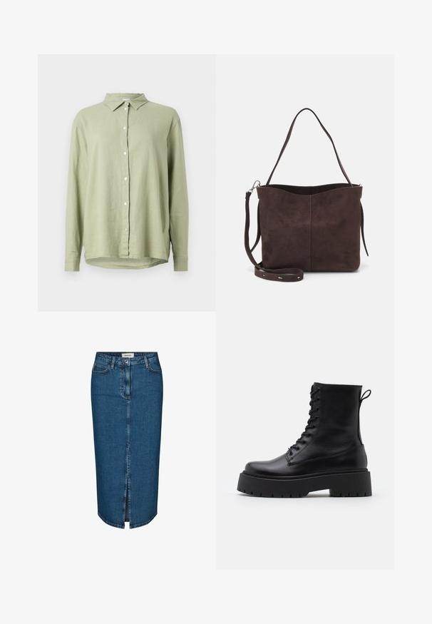 Camicia di lino verde chiaro con chiusura a bottoni, colletto a punta e maniche lunghe. Presenta una vestibilità comoda e un orlo curvato.; Gonna a tubino in denim blu scuro, con uno spacco frontale, cinque tasche e cuciture a contrasto. Vita medio-alta con un design classico.; Stivaletti in pelle nera alla caviglia con punta rotonda, lace-up frontale e suola in gomma spessa con battistrada textured. Tassello sul retro.; Borsa a spalla in suede marrone con una texture morbida, caratterizzata da una singola tracolla e un'apertura superiore leggermente curvata. Nessun dettaglio hardware visibile.