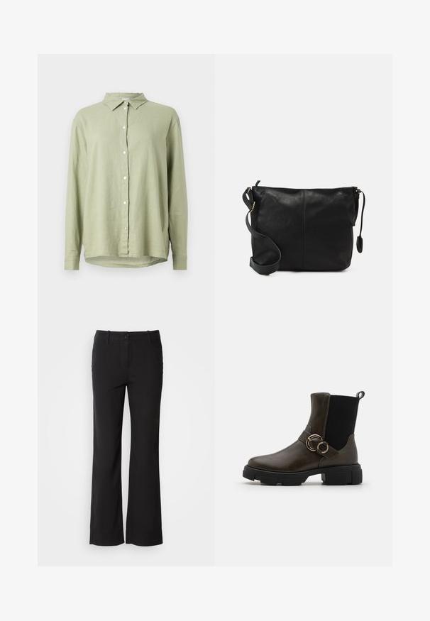Svijetlozelena lanena košulja s gumbima sprijeda, oštrim ovratnikom i dugim rukavima. Ima ležeran kroj i zaobljen rub.; Crne hlače od pamučne mješavine ravnog kroja, s prednjim kopčanjem na gumb i dva bočna džepa. Glatka tekstura, bez vidljivih uzoraka.; Tamnozelene gležnjače od glatkoga materijala, s rebrastim elastičnim panelom, metalnim detaljima u obliku prstena i debelim crnim potplatom.; Crna kožna torbica preko tijela s ravnim oblikom, zlatnim detaljima i podešivim remenom. Glatka tekstura s minimalnim detaljima šivanja.