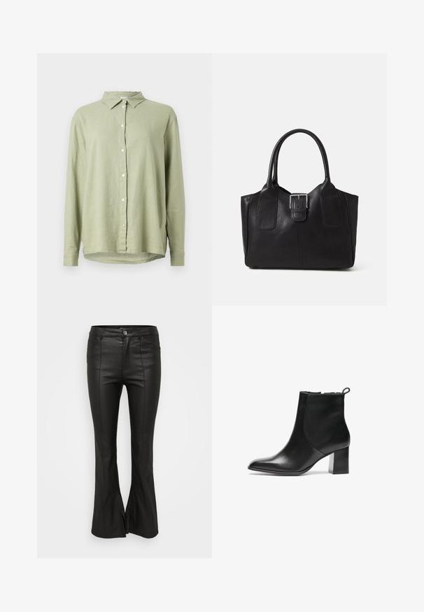 Light green linen shirt with a button-up front, pointed collar, and long sleeves. Features a relaxed fit and curved hemline.; Black flared pants with a shiny, leather-like texture, featuring front pockets, a button closure, and side slits at the hem.; Black leather ankle boot with a rounded toe, a mid-height block heel, and a pull tab at the back. Smooth texture, minimal design.; Black leather tote bag with smooth texture, structured shape, two handles, and a prominent silver buckle detail on the front.