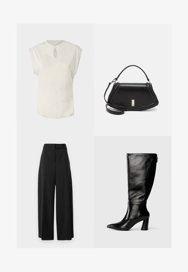 Haut blanc à manches courtes avec un col rond et un petit détail en forme de clé à l'avant. Texture lisse, coupe décontractée et ourlet légèrement arrondi.; Pantalons larges noirs avec une taille haute et une ceinture. Présentent une texture lisse et des lignes épurées, conçus pour un ajustement décontracté.; Botte en cuir noir à hauteur de genoux avec un bout pointu, une texture lisse et un talon épais. Elle présente un zip à l'arrière.; Sac à main en cuir noir avec un design structuré, featuring une forme cropped, une poignée supérieure et des accents en matériel doré. Bandoulière réglable incluse.