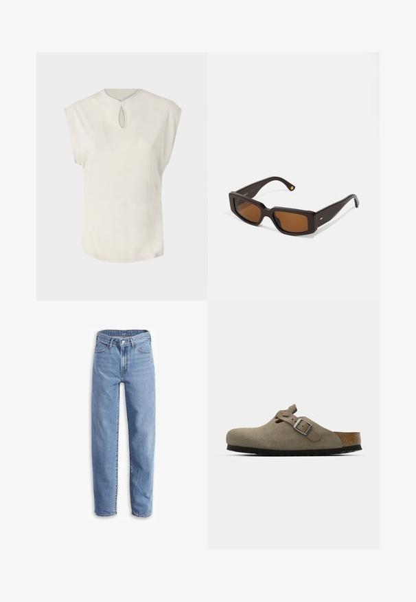 Valge lühikeste varrukatega topp ringkaelusega ja väikese avausega esiosas. Sujuv tekstuur, lõdva lõikega ja veidi kõverdatud serv.; Heledad sinised teksad, mis on valmistatud denimist, lõdva istuvuse, sirgete sääreosade, viie tasku disaini ning kulunud äärtega, et saavutada rahulik välimus.; Nahatise nahkkingad heledas oliivrohelises värvitoonis, millel on vormitud kork ja kummitald. Omab külgrihma koos metallist pandlaga ning ümarat nina.; Ristkülikulised pruunid päikeseprillid tumeda pruuni plastraamiga. Omavad pruuni tooni läätsesid ja kuldset aksenti templis.