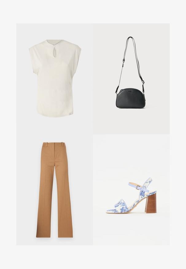 Weißes Kurzarmoberteil mit rundem Halsausschnitt und kleinem Schlüssellochdetail vorne. Glatte Textur, lockere Passform und leicht abgerundeter Saum.; HUGO HULANA - Chino - open brown; Blaue sandaletten mit Blumenmuster, quadratischer Zehenpartie, breitem Riemen und verstellbarem Knöchelriemen, ausgestattet mit einem strukturierten Holzblockabsatz.; Schwarze Leder-Umhängetasche mit runder Form, zwei verstellbaren Trägern und einem dezenten Logo auf der Vorderseite. Strukturierte Außenseite, minimalistisches Design.