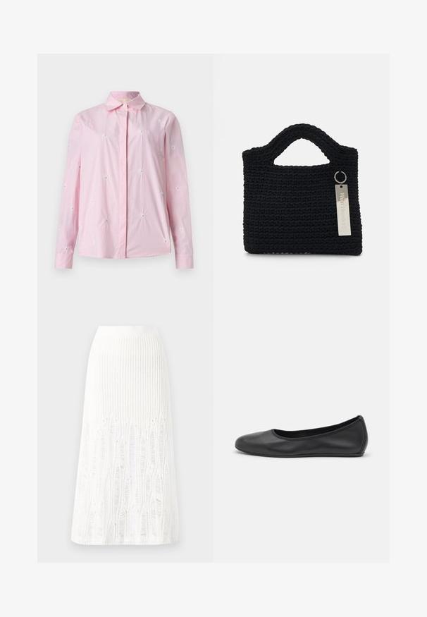 Ružová, pruhovaná košeľa s vyšívanými sedmokráskami. Zapínanie na gombíky vpredu, dlhé rukávy a klasický golier. Mäkka textúra tkaniny.; Pletená biela midi sukňa s textúrovaným vzorom s vertikálnymi pruhmi a výrezmi v blízkosti dolného okraja. Elastický pás. Mäkkučký materiál.; Čierne kožené baleríny s okrúhlou špičkou, hladkým povrchom, minimálnym prešívaním a flexibilným dizajnom podrážky.; Won Hundred MARSIELLE COMPUTER BAG UNISEX - Taška na notebook - black