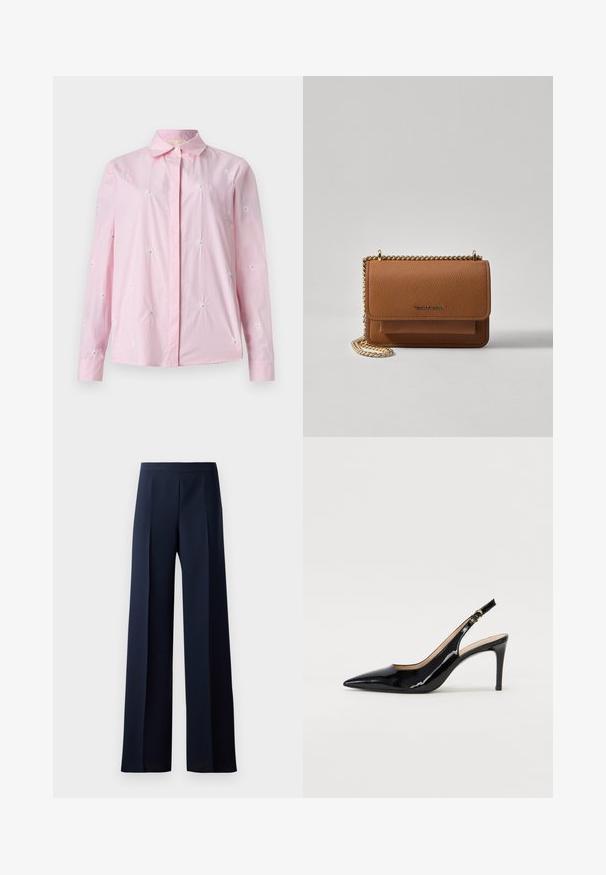 Pink, striped shirt featuring embroidered daisies. Button-down front, long sleeves, and a classic collar. Soft fabric texture.; Wide-leg trousers in dark navy fabric, featuring a smooth texture, subtle front pleats, and a fitted waistband for a streamlined silhouette.; Black patent leather slingback pump with pointed toe, slim heel, and a subtle cutout design. Features a gold buckle on the strap.; Brown textured leather crossbody bag with gold chain strap and flap closure. Front features logo detail and a pocket under the flap.