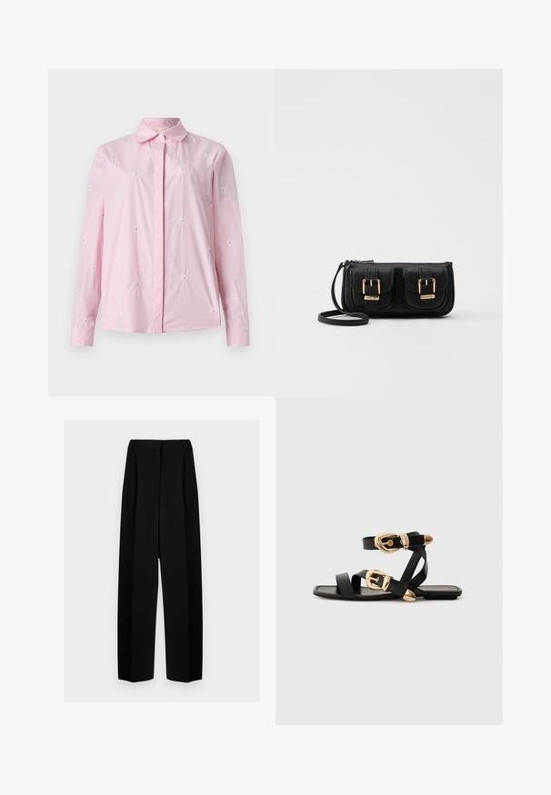 Rozā, svītrota krekls ar izšūtām margrietiņām. Pogājamā priekšpuse, garas piedurknes un klasiskā apkakle. Mīksta auduma tekstūra.; Melni plati bikses ar augstu jostasvietu, kas papildinātas ar pudiem un gludu tekstūru. Audums izskatās viegls un eleganti krīt.; Melni ādas sandales ar zelta sprādzēm, ar vairākām siksnām un plakanu zoli, piemērotas valkāšanai ar atvērtu purngala.; Melnas ādas crossbody soma ar divām priekšējām kabatām, zelta sprādzēm, ar rāvējslēdzēju aizdari un šauru siksnu. Strukturēta virsma un kompakta taisnstūra forma.