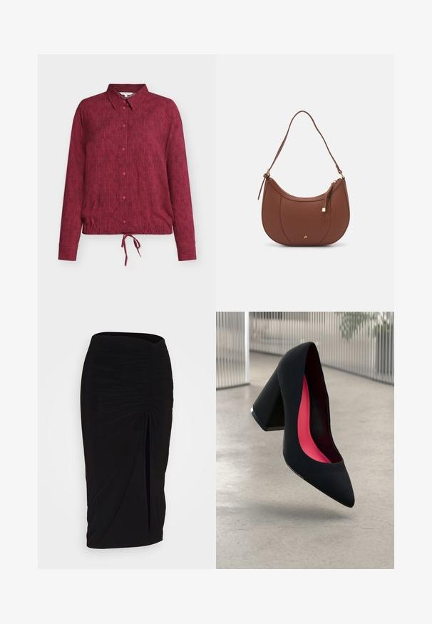 Chemise bordeaux à boutons avec col, présentant une texture rayée verticale, manches longues, et un détail de lien au bas de l'ourlet.; Jupe crayon noire froncée avec détail à nouer et fente latérale. Fabriquée à partir d'un tissu extensible, elle présente une texture lisse et une coupe ajustée.; Chaussure à talon noir avec un bout pointu, surface texturée et un intérieur rose vif. Dotée d'un talon épais avec un accent en argent.; Sac à épaule en faux cuir brun, de forme arrondie, avec des coutures minimales et un accent en matériel doré. Il possède une fermeture zippée sur le dessus et une sangle réglable.