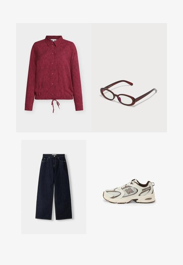 Burgundy button-up shirt with a collar, featuring vertical striped texture, long sleeves, and a tie detail at the bottom hem.; Dark blue denim wide-leg jeans with a high waist, five pockets, contrast stitching, and silver metal hardware. Smooth texture and clean finish.; White and brown athletic shoe with mesh upper, curved design, cushioned sole, and "N" logo on the side. Durable rubber outsole.; Oval-shaped red sunglasses with clear lenses and sleek brown frames. The design features subtle curves and minimal hardware.; Brown faux leather shoulder bag with curved shape, minimal stitching, and a gold-tone hardware accent. Features a top zipper closure and adjustable strap.