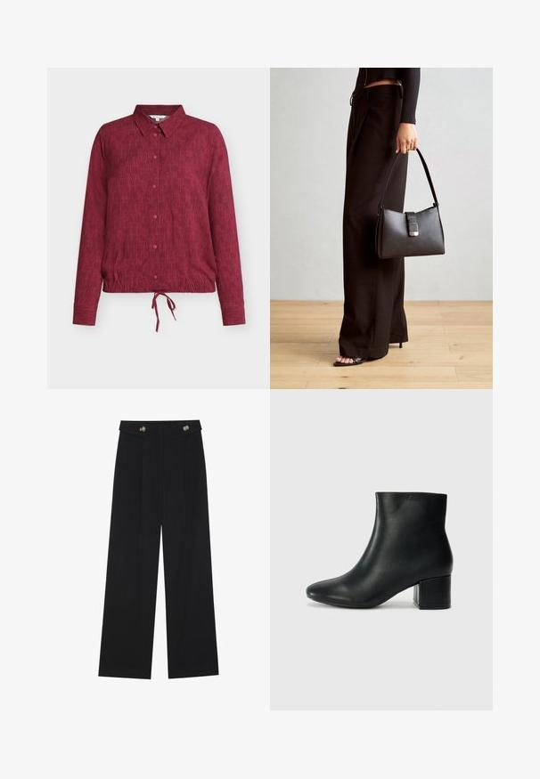 Chemise bordeaux à boutons avec col, présentant une texture rayée verticale, manches longues, et un détail de lien au bas de l'ourlet.; Pantalons larges noirs à taille haute, avec des détails de boutons à la taille et des plis sur le devant.; Bottines en cuir noir avec un bout pointu et un talon épais. Texture lisse avec des accents minimalistes et un design élégant et ajusté.; Sac à main noir à la forme structurée, texture lisse et fermoir métallique. Associé à un pantalon noir ample et des sandales ouvertes sur un sol en bois.