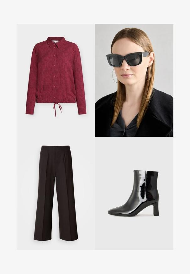 Bordo marškiniai su sagomis ir apykakle, pasižymintys vertikaliomis dryžuotomis tekstūromis, ilgomis rankovėmis ir raištelio detale apatinėje kraštinėje.; Juodos plačios kojos kelnės su lygiu priekine dalimi, raukiniais ir švelnia medžiagos tekstūra. Yra aukštas liemuo ir pritaikytas kirpimas, užtikrinantis struktūrizuotą prigludimą.; Juodos lakuotos odinės aulinukės su smailiu pirštu ir vidutinio aukščio blokuotu kulnu. Lygus paviršius ir minimalistinis dizainas.; Juodos katės akies saulės akiniai su tamsiais objektyvais, storo rėmo ir subtiliais akcentais. Dėvimi su juodu paltu ir pilku viršumi, turinčiu ilgus tiesius plaukus.; Juodas rankinės maišelis su struktūrizuota paviršiumi, dvigubais viršutiniais rankenėlėmis ir reguliuojamu peties diržu. Įrengtas aukso spalvos furnitūra ir šoninės kišenės.