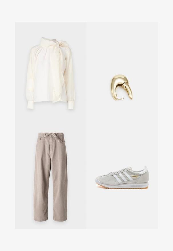 JDY NADIA - Blúzka - cloud dancer; Béžové kordové nohavice s voľným strihom, s elastickým pásom na šnúrku, dvoma prednými vreckami a vertikálnym ryhovaným vzorom.; Svetlosivé tenisky vyrobené z kože a sieťoviny, s tromi bielymi pruhmi, okrúhlou špičkou a gumovou podrážkou. Zlatý logový akcent pri šnúrkach.; Náušnice z kovu v zlatej farbe s elegantným, zakriveným dizajnom. Majú charakteristický špicatý tvar, leštený povrch a uzáver na pánt.