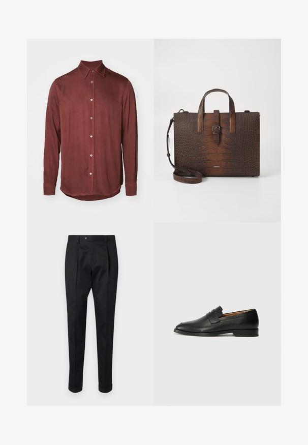 Koszula z długim rękawem w głębokim burgundzie, wykonana z gładkiego materiału, z kołnierzykiem w kształcie spiczastym i metalowymi guzikami wzdłuż przedniego zapięcia.; Czarne spodnie wykonane z gładkiego materiału, z zakładką z przodu, zapięciem na guzik i podwiniętymi mankietami na kostkach.; Czarne skórzane mokasyny z zaokrąglonym noskiem, subtelnymi przeszyciami i niskim obcasem, charakteryzujące się gładką teksturą i minimalistycznym designem.; Brązowa torebka ze skórzanym tłoczeniem w kształt krokodyla, z górnymi uchwytami i odpinanym paskiem na ramię. Posiada zapięcie na klamrę i prostokątny kształt.