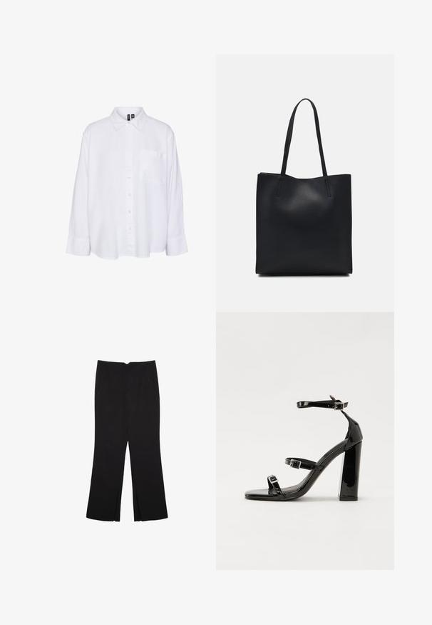 White long-sleeve shirt with a collar, button-down front, single chest pocket, relaxed fit, and soft fabric texture.; Black trousers with a straight fit, featuring front pockets and side slits at the hem. Made of soft, smooth fabric. Suitable for various occasions.; Black patent heeled sandals with a square toe, ankle straps, and silver buckles. Features a chunky block heel for stability.; Black leather tote bag with smooth texture, rectangular shape, and two long handles. No visible hardware or embellishments.