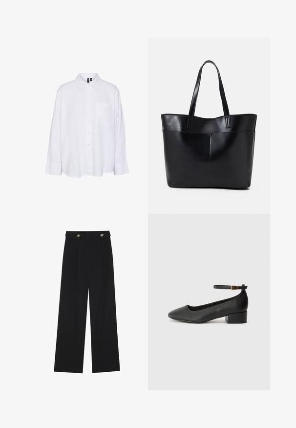Hvit langermet skjorte med krage, knepping foran, enkelt brystlomme, avslappet passform og myk tekstur.; Svart vide bukser med høy midje, knappdetaljer på midjebåndet og frontplisser.; Sorte skinnpumper med spiss tå og lav blokkhelt. Har ankelrem med gullfarget spenne. Glatt tekstur.; Svart lær toteveske med to lange håndtak, en glatt tekstur og en strukturert form. Har en frontlomme for ekstra oppbevaring.