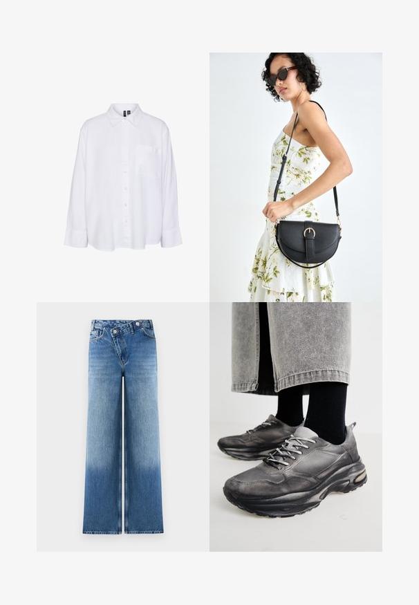 Hvit langermet skjorte med krage, knepping foran, enkelt brystlomme, avslappet passform og myk tekstur.; Lyseblå vide jeans med en falmet vask, som har et klassisk fem-lomme-design og metalknap-detaljer ved livet.; Sorte og grå treningssko har en mesh-overdel, tykke såler og snøring. De har en rund tå og synlige dempe detaljer.; Svart lærveske med en buet form, avtagbar stropp og gullbeslag. Vesken har et klaff med spenne-detall.