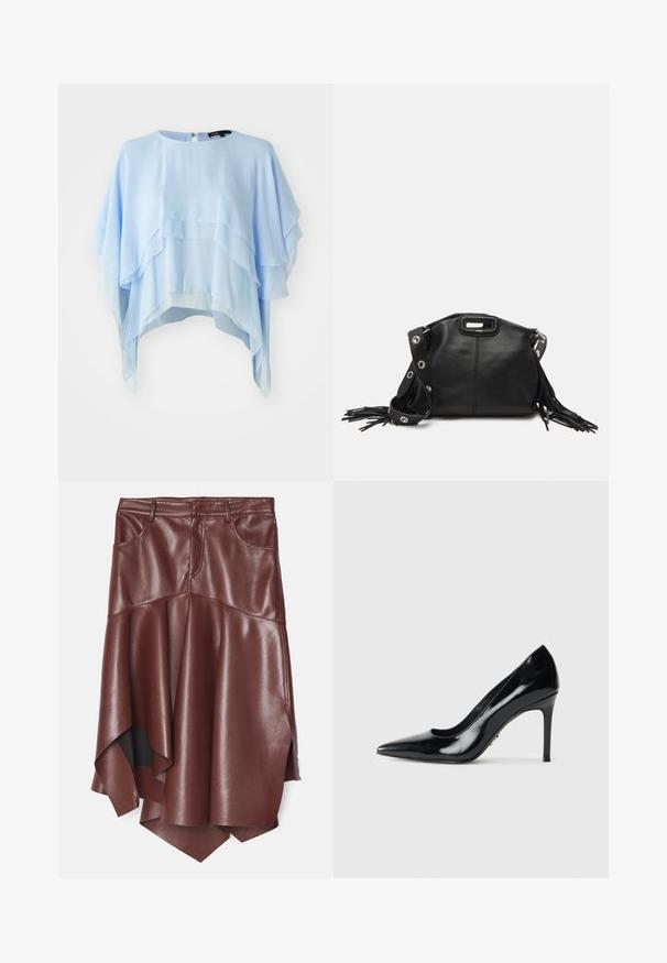 Gaiši zils kārtainais tops, izgatavots no plūstoša auduma. Ievērojama ar apaļu kakla izgriezumu, īsām piedurknēm un aizmugurē esošo rāvējslēdzēju. Ar tekstūru, mīkstām drapērijām.; Brūna mākslīgās ādas svārki ar izplesto, asimetrisku apakšmalu, aprīkoti ar divām priekšējām kabatām un gludu, spīdīgu tekstūru.; Melnas patentētas ādas augstpapēžu kurpes ar šauru stiletto papēdi uz vienkrāsaina balta fona.; Maje MISS MINI - Soma ar siksnu pāri ķermenim - noir