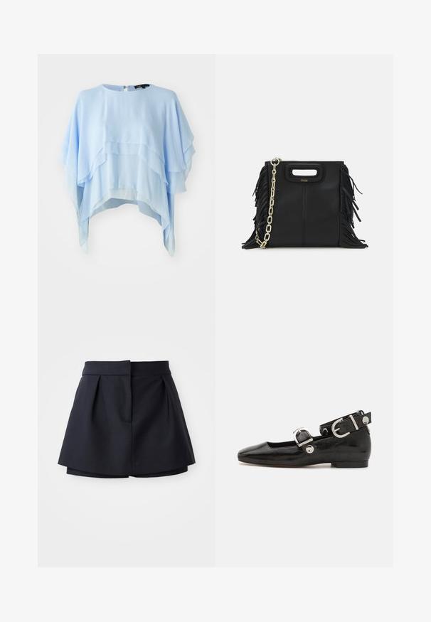 Hele sinine kihiline topp, mis on valmistatud voolavast kangast. Omab ümmargust kaelust, lühikesi varrukaid ja tagumist tõmblukku. Tekstureeritud pehme vooluva materjaliga.; Tumed pleeditud lühikesed püksid kõrge vöökohaga, valmistatud siledast kangast. Omab sobivat lõiget ja varjatud esikotti.; Must musta nahkkinga lamead kontsad, ruudukujulise varbaga, pahkluu rihmaga, mis sisaldab hõbedast taakleid, ning lame tald. Siledat pinda ja minimalistlikku disaini.; Musta nahk käekott, millel on frantsiisid, kuldne ahelsanga ja lõigatud käepide. Esiosas on logot.; Kuldne tooni kõrvarõngad mitme voolava ahelaga, millel on selged ovaalsed rhinestone aktsendid ja dekoratiivsed stud-tippud.