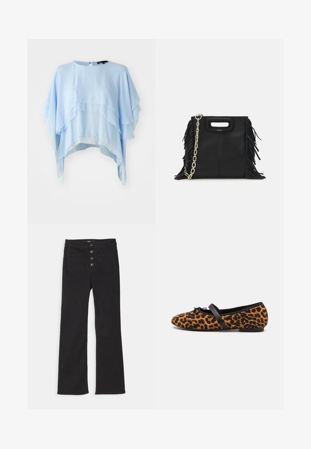 Haut superposé bleu clair en tissu fluide. Il présente un col rond, des manches courtes et une fermeture éclair dans le dos. Texturé, avec des drapés doux.; Jean flare en denim noir avec taille haute, design à cinq poches et fermeture à bouton sur le devant comportant quatre boutons en métal.; Ballet flats en imprimé léopard avec des accents noirs, présentant un bout arrondi, une semelle plate et un nœud décoratif à l'avant. Texture douce.; Sac à main en cuir noir avec des détails en franges, chaîne dorée pour l'épaule et une poignée découpée. Présente le logo sur le devant.