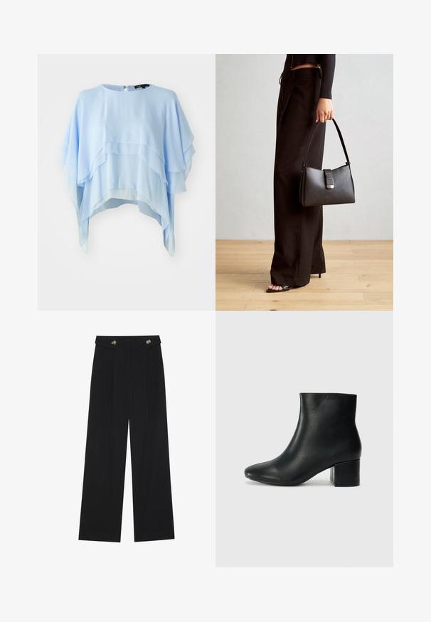 Lys blå lagdelt topp laget av flytende stoff. Har en rund hals, korte ermer og glidelås bak. Strukturert, med myke draperinger.; Svart vide bukser med høy midje, knappdetaljer på midjebåndet og frontplisser.; Sorte skinn ankelsko med spiss tå og chunky hæl. Glatt tekstur med minimale detaljer og et elegant, tettsittende design.; Svart håndveske med strukturert form, jevn tekstur og metallisk lås. Kombinert med brede svarte bukser og sandaler med åpen tå på tregulv.