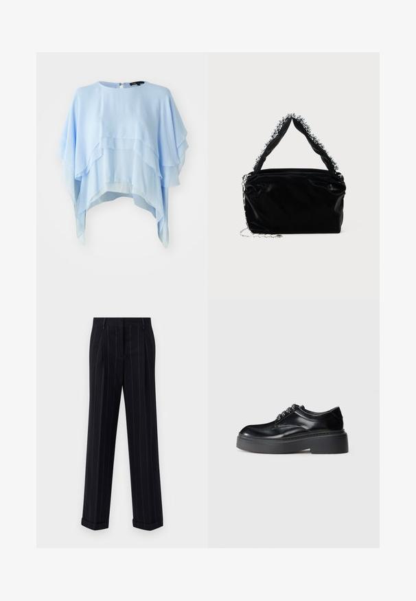 Svijetloplavi slojeviti gornji dio od prozračnog materijala. Ima okrugli izrez, kratke rukave i zatvarač na leđima. Teksturalan, s mekim drapiranjem.; Crne prugaste hlače s krojem po mjeri, s opšivenim rubom i prednjim naborima. Izrađene od glatkog materijala s čvrstim dizajnom.; Crne kožne cipele s okruglim vrhom, debelim platformama i ukrasnim vezicama. Glatka tekstura i kontrastni šavovi su vidljivi.; Crna torbica od umjetne kože s teksturiranim završetkom, koja sadrži perlicu srebrnu detalj duž gornje ručke i lančanu naramenicu.