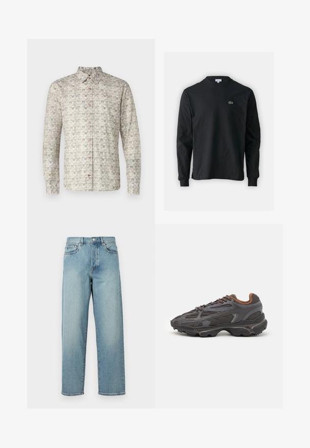 Chemise à manches longues de couleur beige clair avec des motifs géométriques complexes. Comprend un col, une patte de boutonnage et des poignets à deux boutons.; T-shirt noir à manches longues en coton, avec un col rond et un petit logo de crocodile brodé vert sur la poitrine gauche.; Jean en denim bleu clair avec une coupe loose, jambes droites, design à cinq poches et fermeture à bouton à la taille. Détail de couture minimaliste.; Baskets Lacoste en gris foncé, en matériau mesh et synthétique, avec une semelle texturée et des accents marron sur le col et le branding.