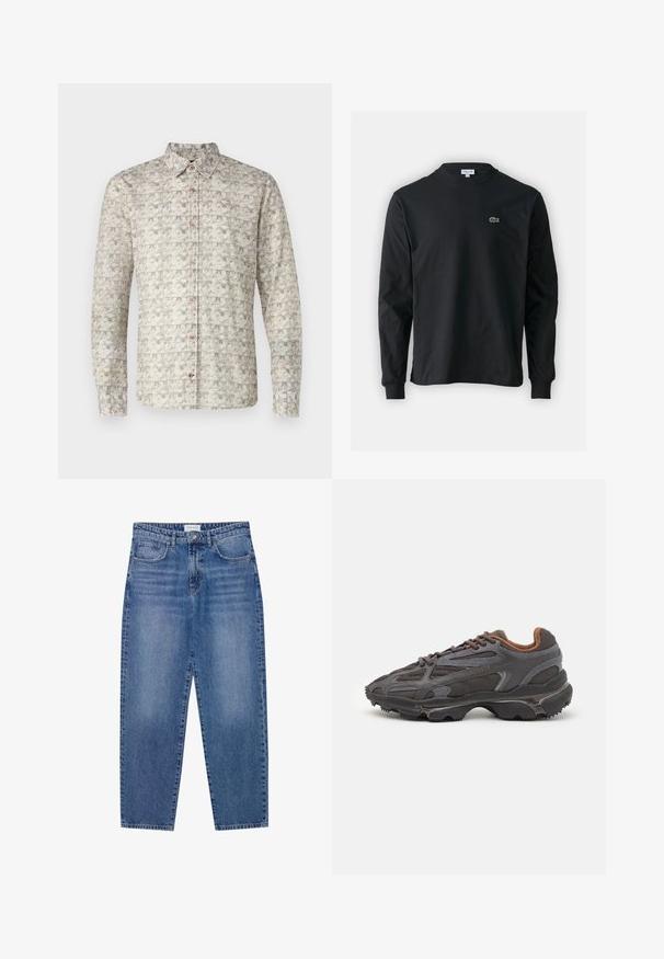 Long-sleeve shirt in light beige with intricate geometric patterns. Features a collar, button placket, and two-button cuffs.; Black long-sleeve t-shirt made of cotton, featuring a round neckline and a small green embroidered crocodile logo on the left chest.; Blue denim jeans with a high waist, straight leg design, and faded finish. Features five pockets and a button closure.; Lacoste sneakers in dark gray with mesh and synthetic material, featuring a textured sole and brown accents on the collar and branding.