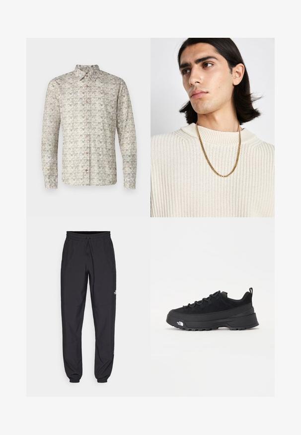 Camicia a maniche lunghe in beige chiaro con intricate fantasie geometriche. Presenta un colletto, una pattina con bottoni e polsini a due bottoni.; Pantaloni sportivi neri realizzati in tessuto leggero, con vita regolabile con cordino, tasche laterali e orli affusolati alle caviglie.; Sneaker da esterno nera con parte superiore in suede, suola in gomma testurizzata e robusto sistema di allacciatura. Presenta un tallone rinforzato e il logo del marchio sul lato.; Collana in oro indossata sopra un maglione a coste crema; texture morbida con colletto alto e un motivo sottile nel tessuto.