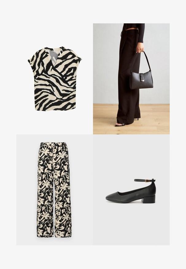Lühikeste varrukatega beez t-särk, millel on must ja valge zebra muster. Omab V-kaelust ja lõtvust, valmistatud kerge kangaga.; Must mustriga lühikeste varrukatega tipp, valmistatud siledast materjalist, millel on peplum-disain ja vöödiga talje, millel on kaks ümmargust, hõbedase tooni nuppu.; Mustad laiad püksid kreemja lillemustriga. Valmistatud kergest kangast, millel on sile tekstuur ja kõrge vöökoht.; Must mustaapp, millel on terav nina ja madal blokk-kand. Omab pahkluu rihma koos kuldse tooni pandlaga. Sile tekstuur.; Must musta kott, millel on struktureeritud kuju, sile tekstuur ja metallist klamber. Kombineeritud laiate mustade pükstega ja avatud varvaste sandaalidega puidust põrandal.