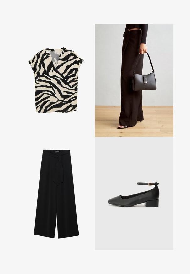 Krátký rukáv top v béžové barvě s černo-bílým zebřím potiskem. Má výstřih do V a volný střih, vyrobený z lehkého materiálu.; Černé kalhoty s širokými nohavicemi, vyrobené z texturované tkaniny, s elastickým pasem a odnímatelným páskem na úpravu velikosti.; Černé kožené lodičky s špičatou špičkou a nízkým blokovým podpatkem. Obsahují pásek kolem kotníku se zlatou sponou. Hladký povrch.; Černá kabelka se strukturovaným tvarem, hladkým povrchem a kovovým uzávěrem. Kombinována s širokými černými kalhotami a sandály s otevřenou špičkou na dřevěné podlaze.