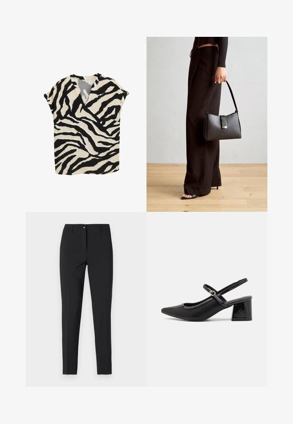 Korte mouwen top in beige met zwart-wit zebra print. Heeft een V-hals en een losse fit, gemaakt van lichtgewicht stof.; Zwarte fitted broek in een soepele stof, met een klassieke tailleband, een rits aan de voorkant en zijzakken met een slank, op maat gemaakt ontwerp.; Zwarte gepolijste leren slingback hakken met een spitse neus, een ronde uitsnede en een blokhak. Voorzien van een gouden gespaccent.; Zwarte handtas met gestructureerde vorm, gladde textuur en een metalen sluiting. Gecombineerd met brede zwarte broeken en sandalen met open teen op een houten vloer.