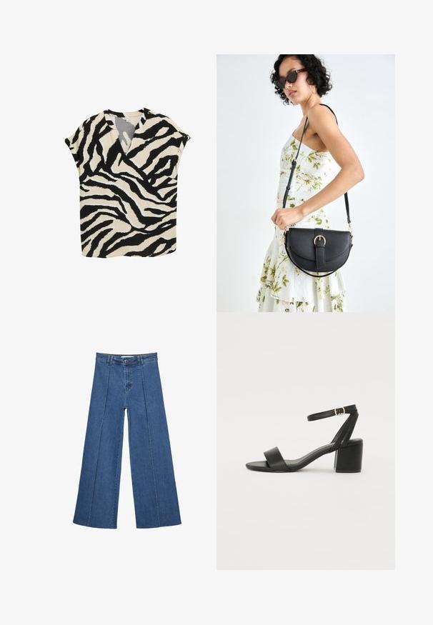 Krátky rukáv top v béžovej farbe s čierno-bielym zebrovým vzorom. Má výstrih do V a voľný strih, vyrobený z ľahkej tkaniny.; Rovné džínsy s širokými nohavicami v strednom modrom odtieni, so zvýšeným pásom, zapínaním na gombík a kontrastnými vertikálnymi švami pozdĺž prednej strany.; Čierne sandále na podpätku so hladkým koženým vrchom, otvorenou špičkou, širokými prednými prúžkami a nastaviteľným členkovým popruhom so zlatým prackom.; Čierna kožená kabelka s zaobleným tvarom, odnímateľným popruhom a zlatými doplnkami. Kabelka má klopu s detailom s prackou.